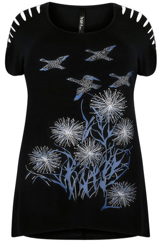 Black Bird & Flower Print Top With Shredded Shoulder Details