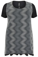 Black & Multi Optical Illusion Print Top With Frill Hem,Plus size clothing,womens plus size clothing,big size ladies dress,plus size