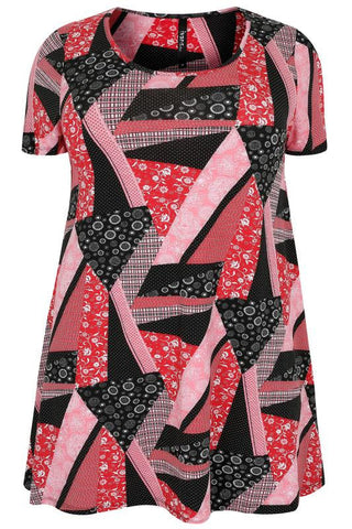 Black, Red & Multi Patchwork Print Top,Plus size clothing,womens plus size clothing,big size ladies dress,plus size