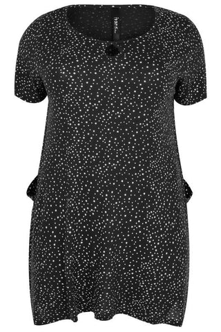 Black & White Star Print Top With Drop Pockets,Plus size clothing,womens plus size clothing,big size ladies dress,plus size