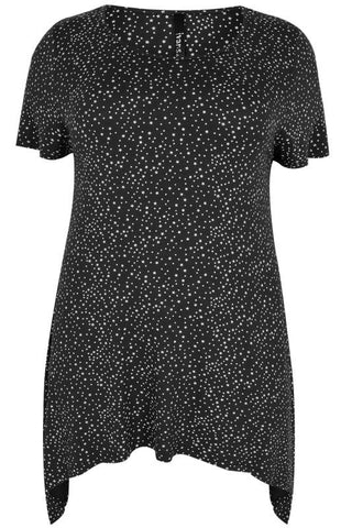 Black & White Star Print Top With Hanky Hem,Plus size clothing,womens plus size clothing,big size ladies dress,plus size