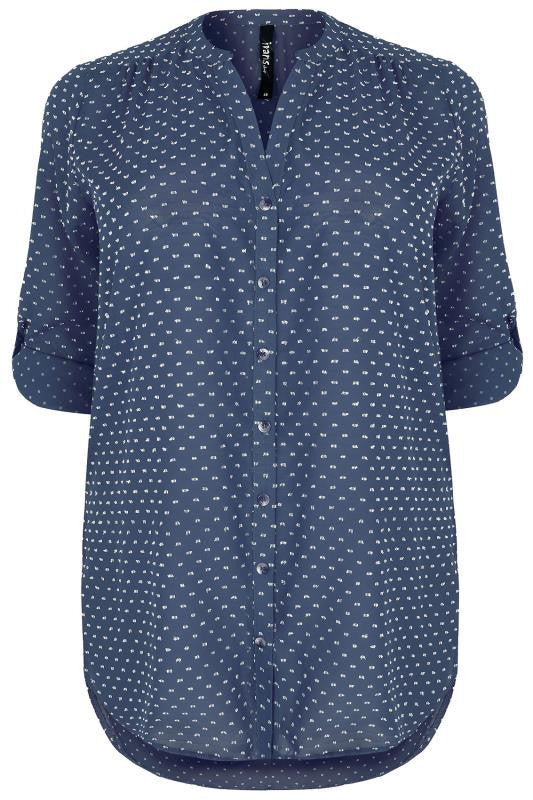 Blue & White Dotted Shirt With Rolled Up Sleeves,Plus size clothing,womens plus size clothing,big size ladies dress,plus size