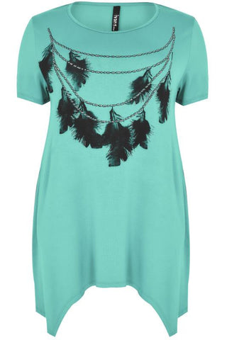 Green & Black Feather Print Top,Plus size clothing,womens plus size clothing,big size ladies dress,plus size