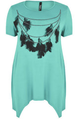 Green & Black Feather Print Top,Plus size clothing,womens plus size clothing,big size ladies dress,plus size