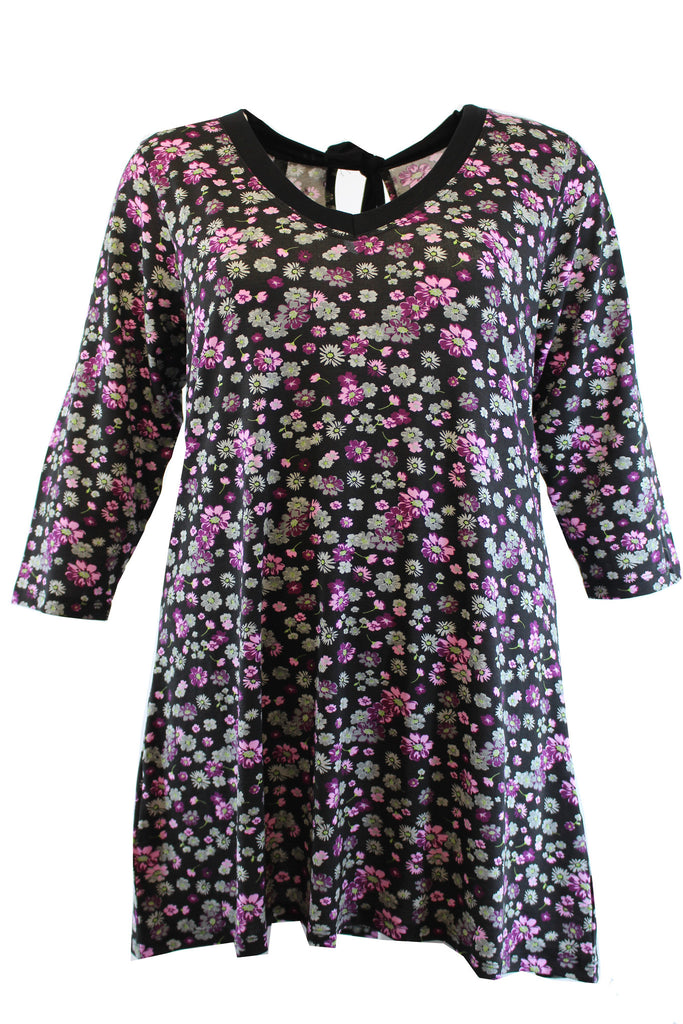 Black & Pink Multi Floral Print Top With Back Tie,Plus size clothing,womens plus size clothing,big size ladies dress,plus size