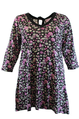 Black & Pink Multi Floral Print Top With Back Tie,Plus size clothing,womens plus size clothing,big size ladies dress,plus size