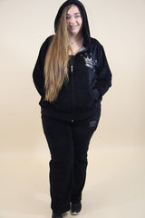 Black Tracksuit  With Diamond Crown Print Details,Plus size clothing,womens plus size clothing,big size ladies dress,plus size