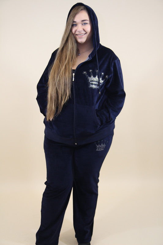 Navy Tracksuit With Diamond Crown Print Details,Plus size clothing,womens plus size clothing,big size ladies dress,plus size