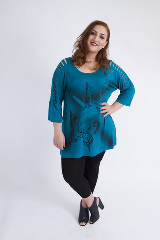 Teal & Black Butterfly Print Top With Shredded Cold Shoulder,Plus size clothing,womens plus size clothing,big size ladies dress,plus size