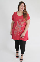 Red Butterfly Print Top With Shredded Shoulder Detail