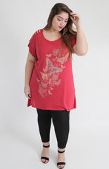 Red Butterfly Print Top With Shredded Shoulder Detail