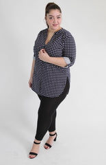 Navy&White Polka Dot Shirt With Curved Hem