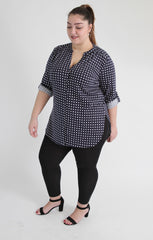 Navy&White Polka Dot Shirt With Curved Hem