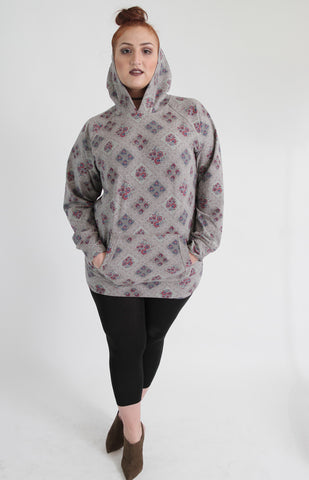 Grey & Pink Floral Lace Print Hooded Sweat Top,Plus size clothing,womens plus size clothing,big size ladies dress,plus size