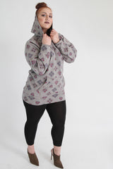 Grey & Pink Floral Lace Print Hooded Sweat Top