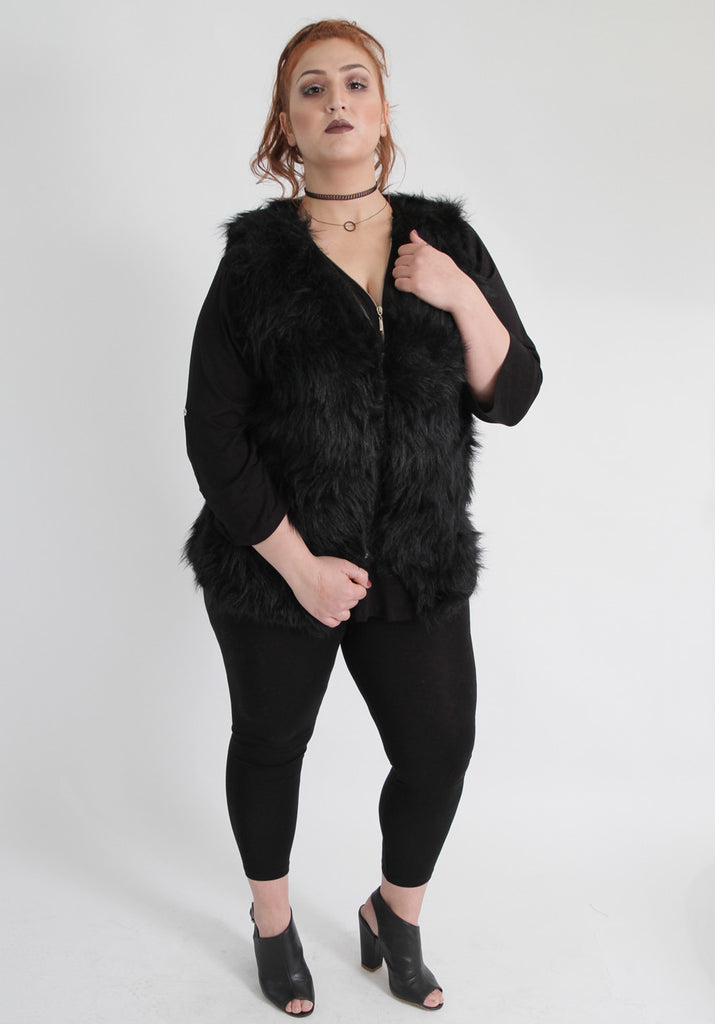 Black Faux Fur Sleeveless Waistcoat,Plus size clothing,womens plus size clothing,big size ladies dress,plus size