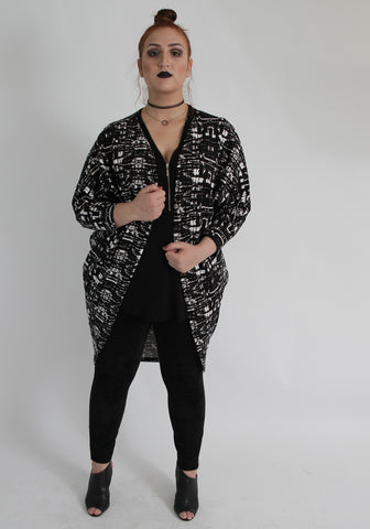 Black With White Pattern Cardigan,Plus size clothing,womens plus size clothing,big size ladies dress,plus size