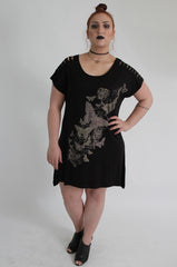 Black Butterfly Print Top With Shredded Shoulder Detail