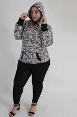 Black & White Floral Print Hooded Sweat Top