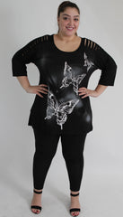 Black Butterfly Print Top With Shredded Cold Shoulder