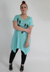 Green & Black Feather Print Top