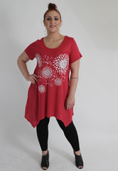 Red & White Floral Diamond Print Top