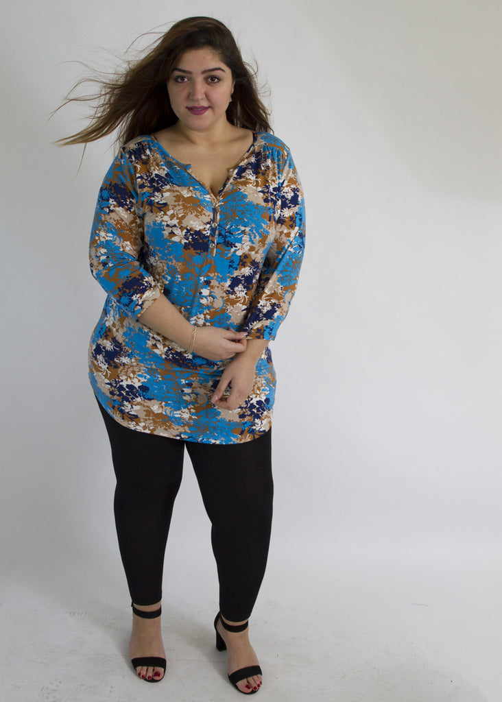 Blue & Multi Floral Print Top With Front Buttons,Plus size clothing,womens plus size clothing,big size ladies dress,plus size