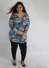 Blue & Multi Floral Print Top With Front Buttons,Plus size clothing,womens plus size clothing,big size ladies dress,plus size