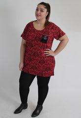 Red & Black Floral Wallpaper Print Top With Sequin Pocket Detail