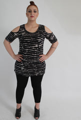 Black & Ivory Stripe Cold Shoulder Top