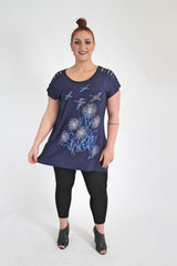 Navy Bird & Flower Print Top With Shredded Shoulder Details