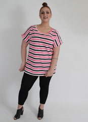 Pink, White & Navy Stripe Top With Short Turn-back Sleeves