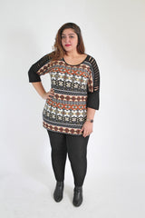 Laser Cut Out Sleeve Top With Abstract Print,Plus size clothing,womens plus size clothing,big size ladies dress,plus size