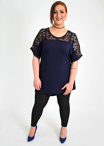 Navy Top With Lace & Cold Shoulder Cut Off Detail,Plus size clothing,womens plus size clothing,big size ladies dress,plus size