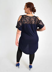 Navy Top With Lace & Cold Shoulder Cut Off Detail