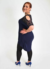 Navy Top With Lace & Cold Shoulder Cut Off Detail