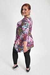 Pink & Multi Tropical Print Jersey Top With Hanky Hem