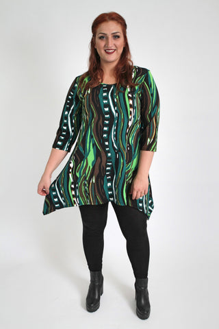 Green & Multi Abstract Stripe Print Top With Dipped Hem,Plus size clothing,womens plus size clothing,big size ladies dress,plus size