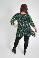 Green & Multi Abstract Stripe Print Top With Dipped Hem