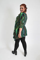 Green & Multi Abstract Stripe Print Top With Dipped Hem