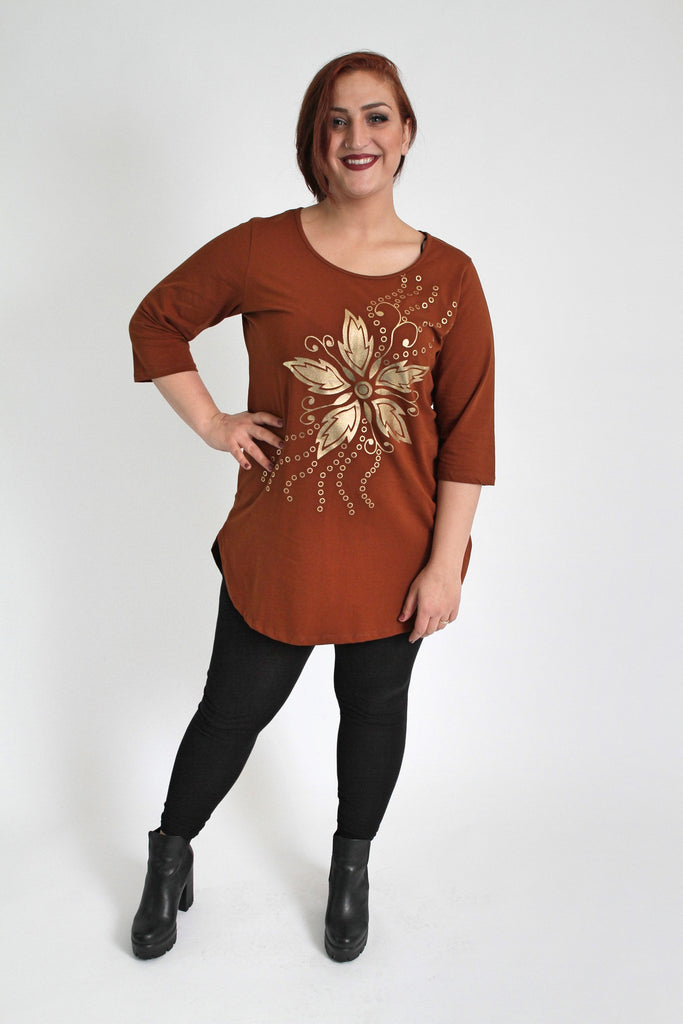 Golden Pattern Brown Top,Plus size clothing,womens plus size clothing,big size ladies dress,plus size