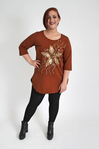 Golden Pattern Brown Top,Plus size clothing,womens plus size clothing,big size ladies dress,plus size