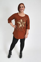 Golden Pattern Brown Top,Plus size clothing,womens plus size clothing,big size ladies dress,plus size