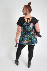 Black & Multi Tropical Floral Print Panel Top With Back Tie