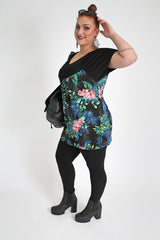 Black & Multi Tropical Floral Print Panel Top With Back Tie