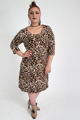 Black & Brown Animal Print Dress With Tie Waist,Plus size clothing,womens plus size clothing,big size ladies dress,plus size