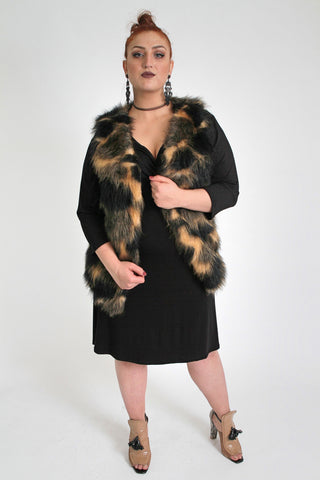 Brown With Leopard Print Faux Fur Sleeveless Waistcoat,Plus size clothing,womens plus size clothing,big size ladies dress,plus size