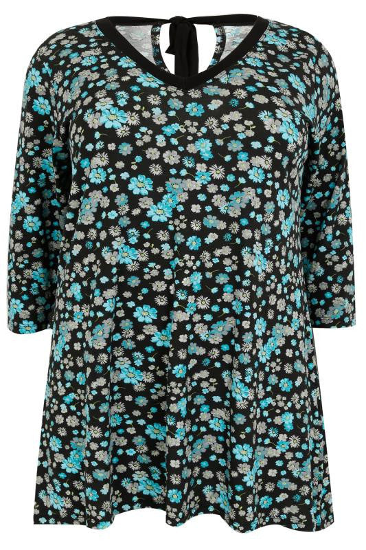 Black & Multi Floral Print Top With Back Tie,Plus size clothing,womens plus size clothing,big size ladies dress,plus size