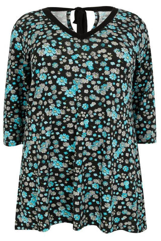 Black & Multi Floral Print Top With Back Tie,Plus size clothing,womens plus size clothing,big size ladies dress,plus size