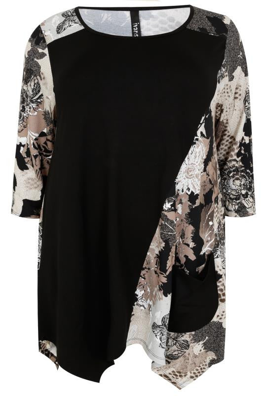 Black & Brown Floral Print Top With Side Pocket,Plus size clothing,womens plus size clothing,big size ladies dress,plus size